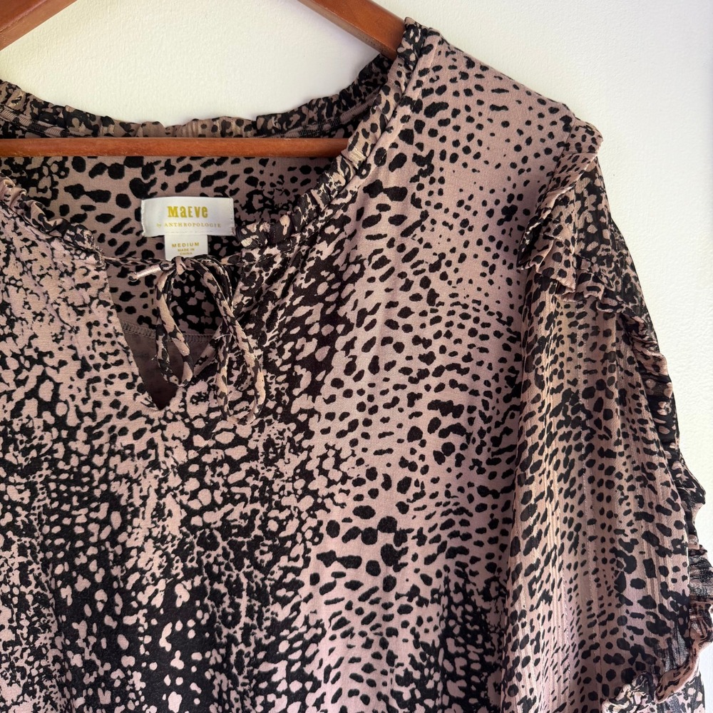 Maeve Anthropologie Animal Print Ruffle Balloon Sleeve Blouse Mauve Black Medium - Picture 2 of 9